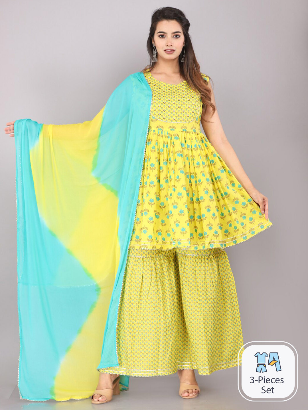 

JC4U Floral Printed Regular Gotta Patti Pure Cotton Kurti with Sharara & Dupatta, Yellow