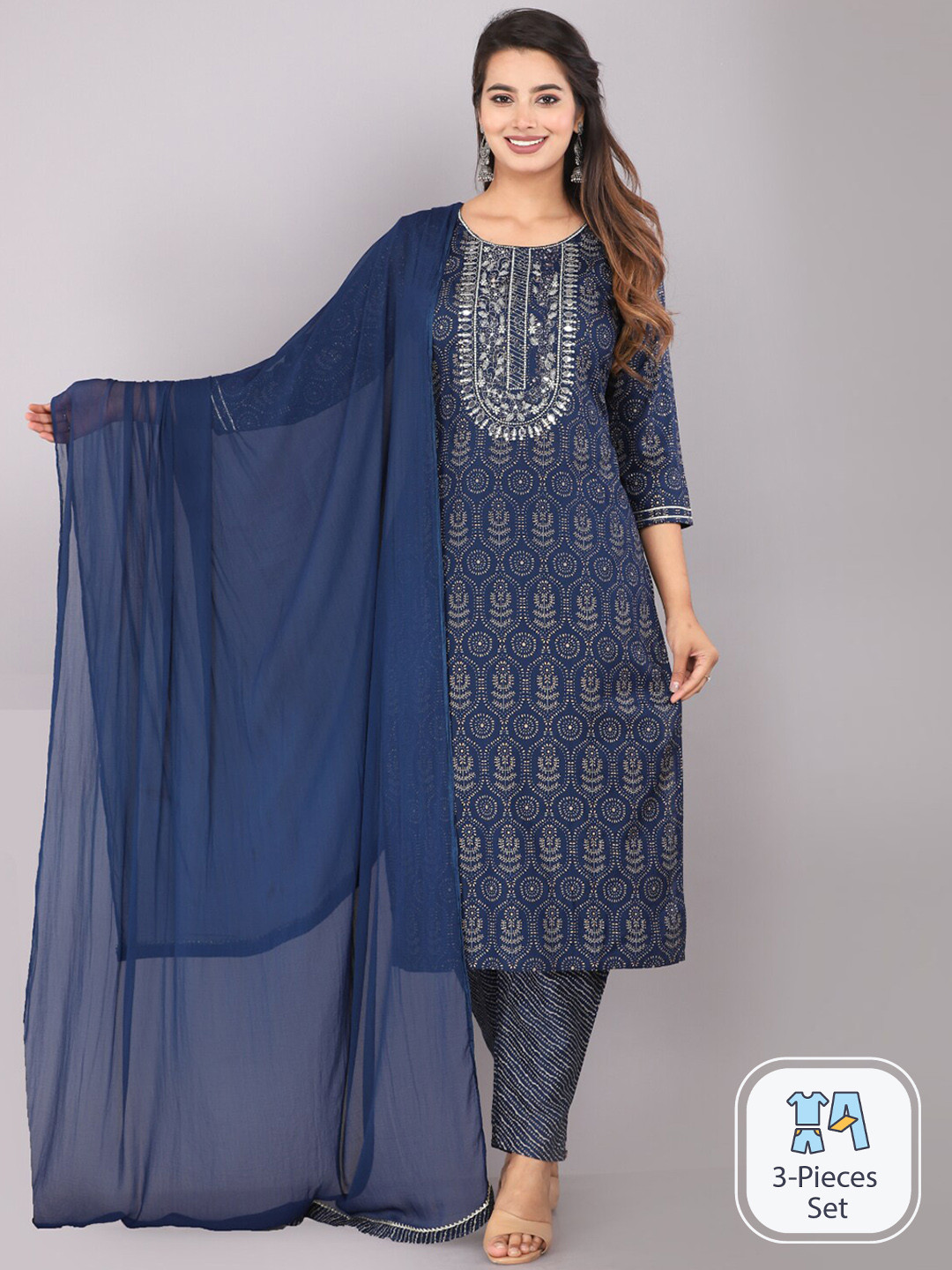 

JC4U Ethnic Motifs Printed Round Neck Kurta with Trousers & Dupatta, Blue