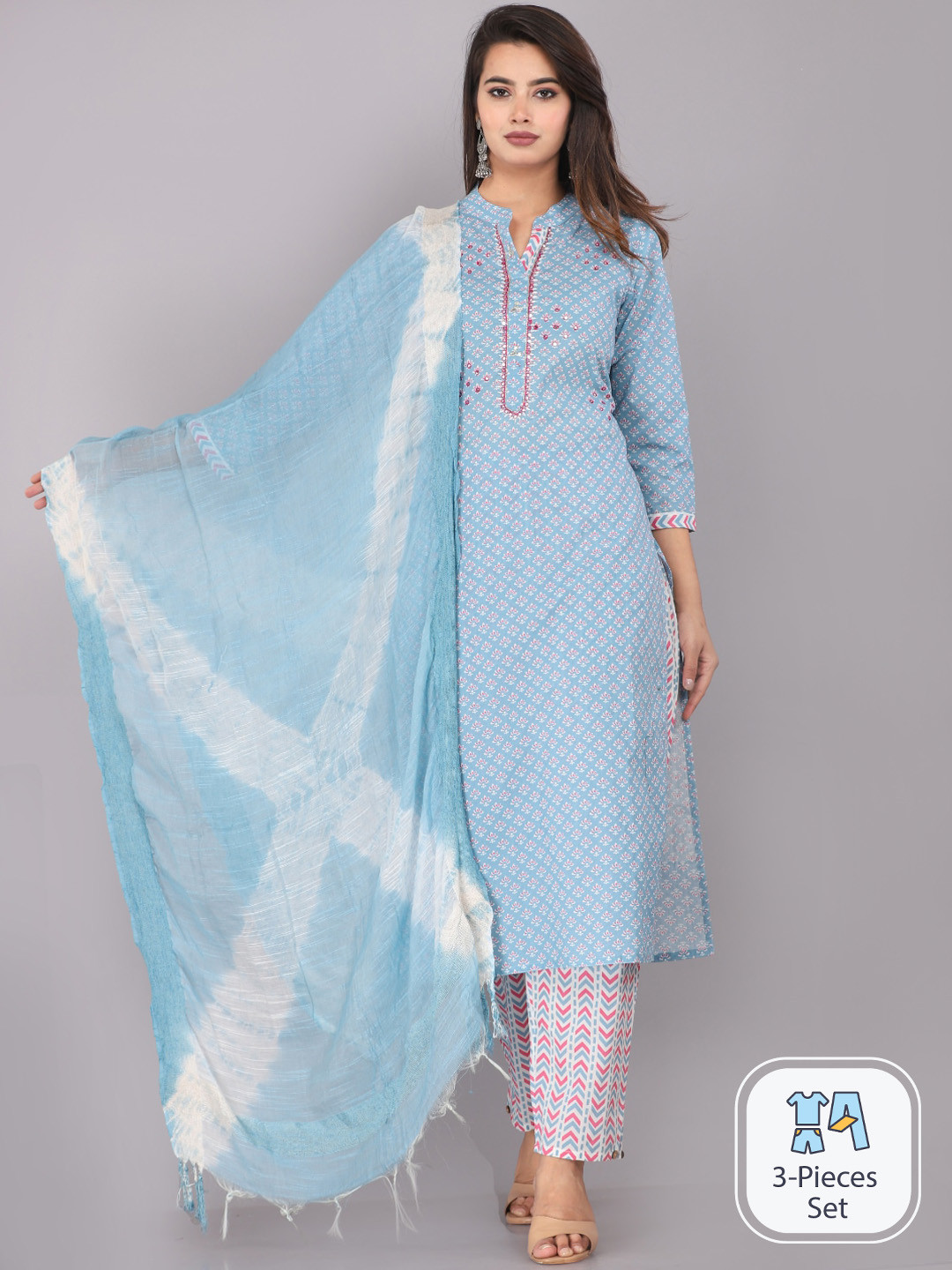 

JC4U Floral Printed Pure Cotton Regular Kurta with Trousers & With Dupatta, Blue