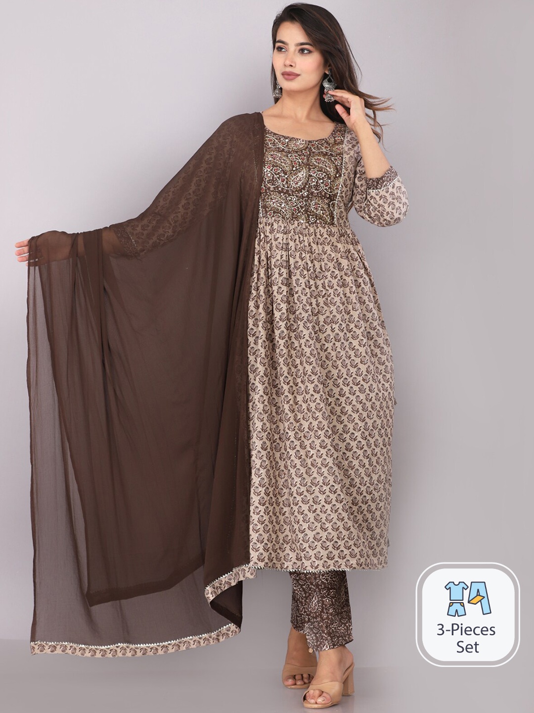 

JC4U Floral Printed Pure Cotton A-Line Kurta with Trousers & With Dupatta, Brown