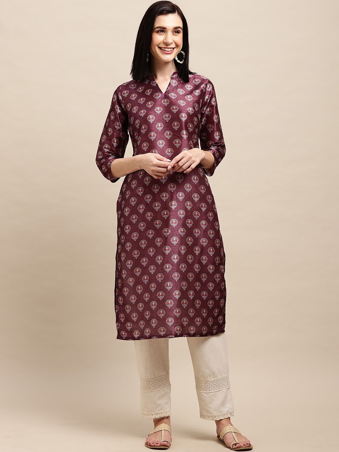 

all about you Ethnic Motifs Printed Mandarin Collar Straight Kurta, Purple