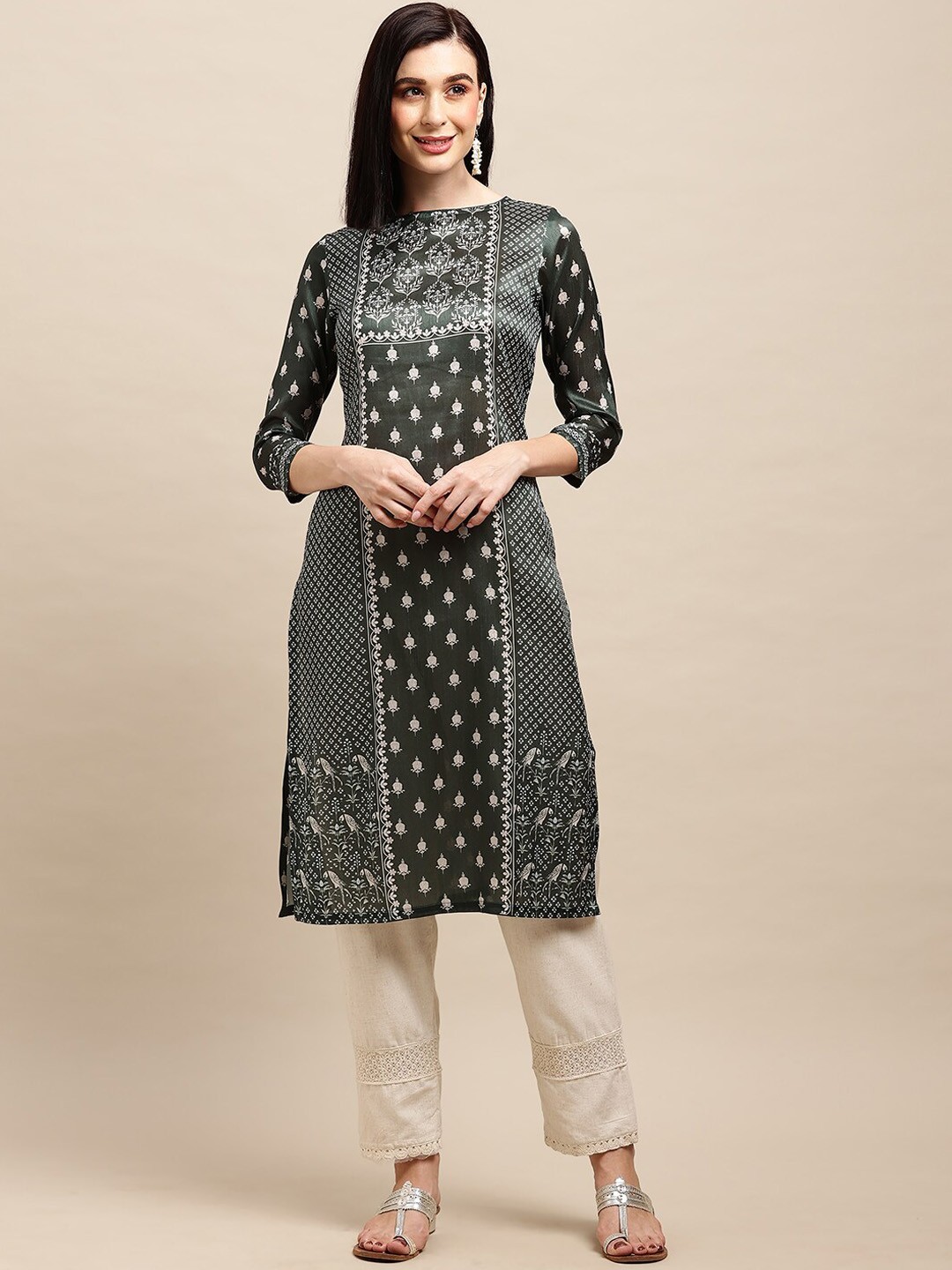 

all about you Ethnic Motifs Printed Boat Neck Straight Kurta, Green