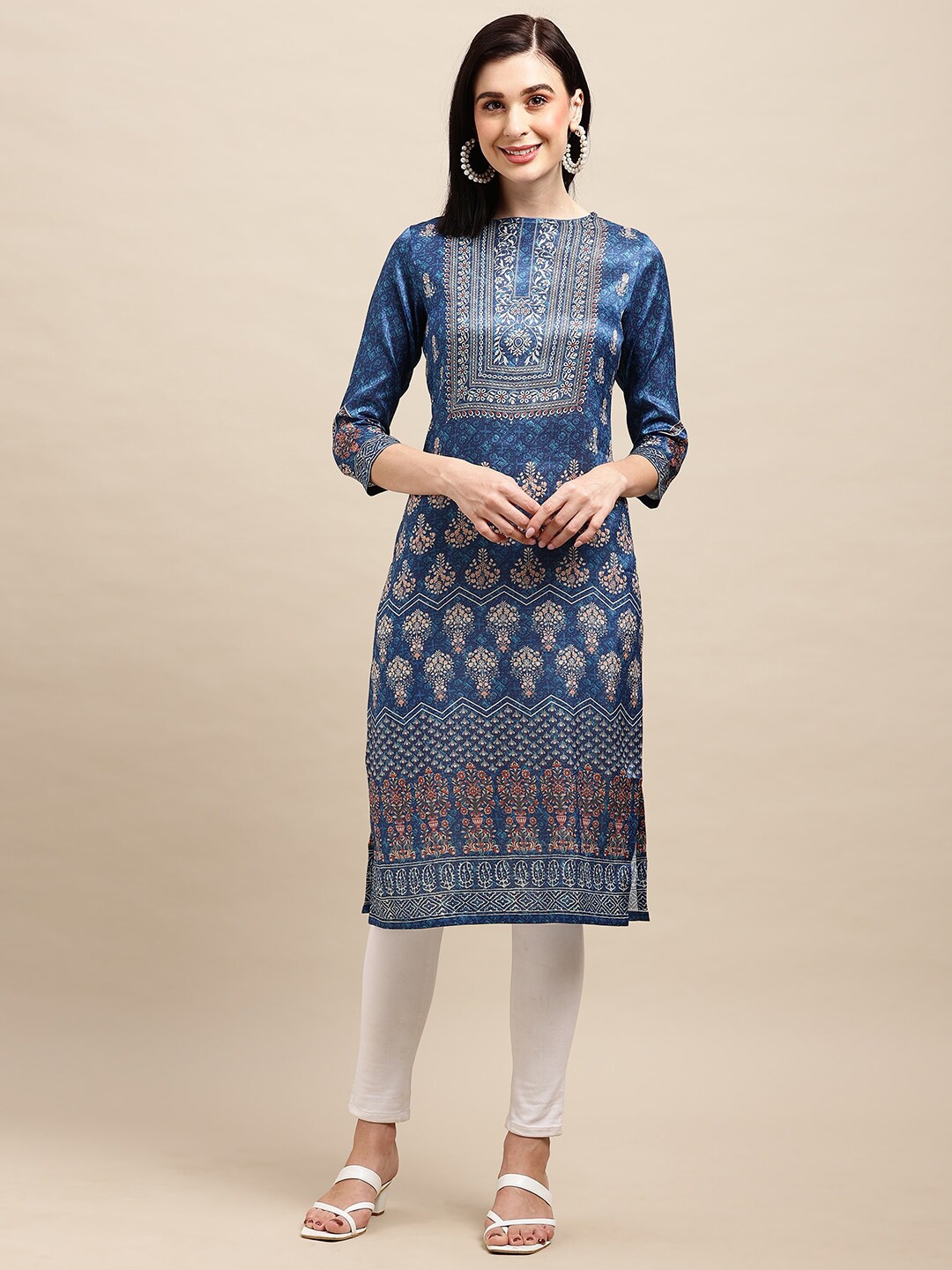 

all about you Ethnic Motifs Printed Boat Neck Straight Kurta, Blue