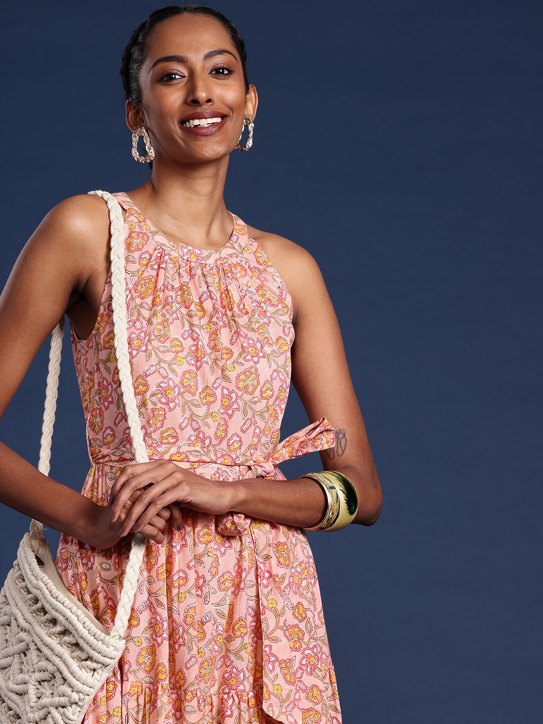 

Taavi Floral Print Cotton A-Line Midi Dress, Pink