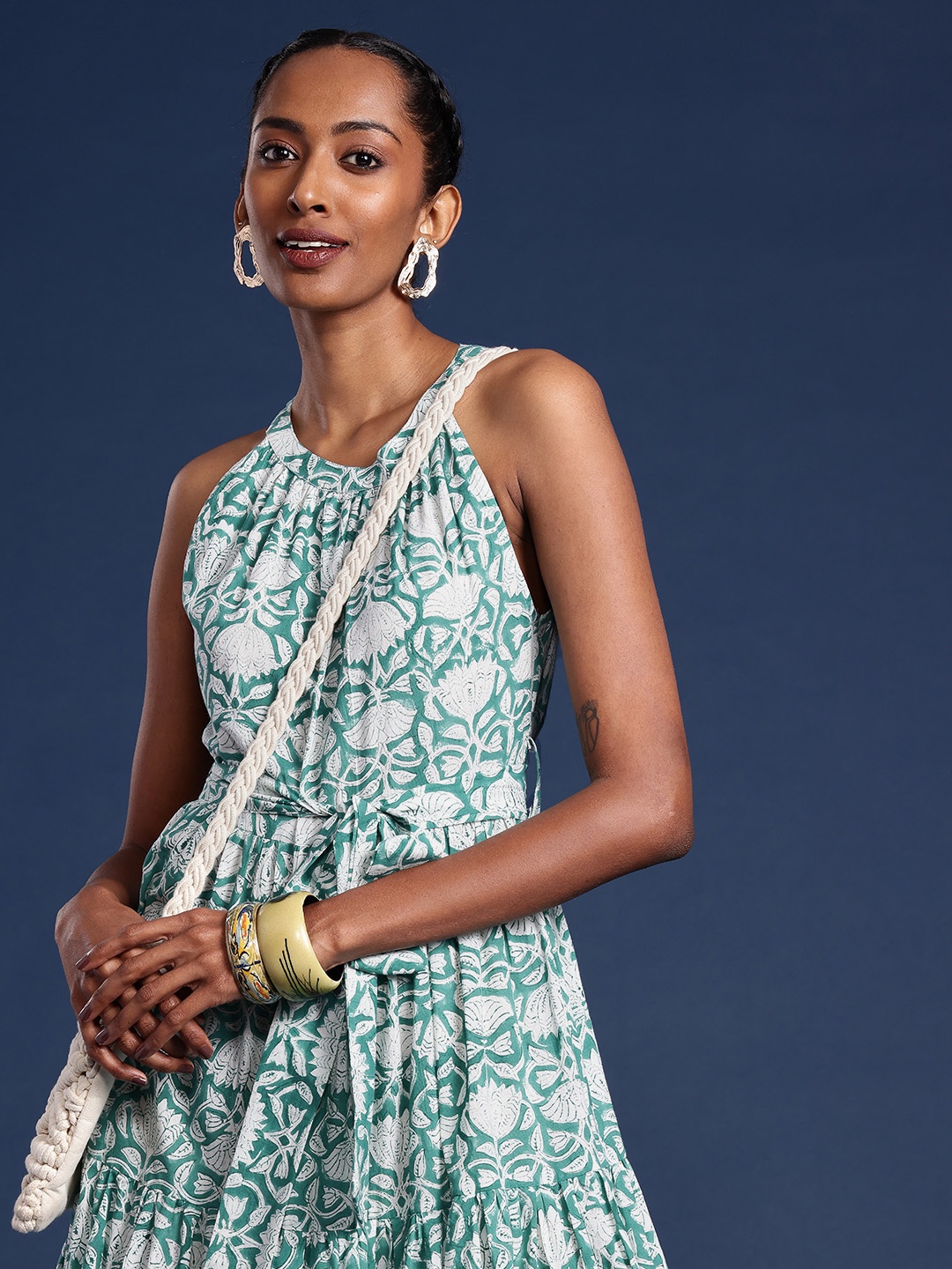 

Taavi Floral Print A-Line Cotton Midi Dress, Green
