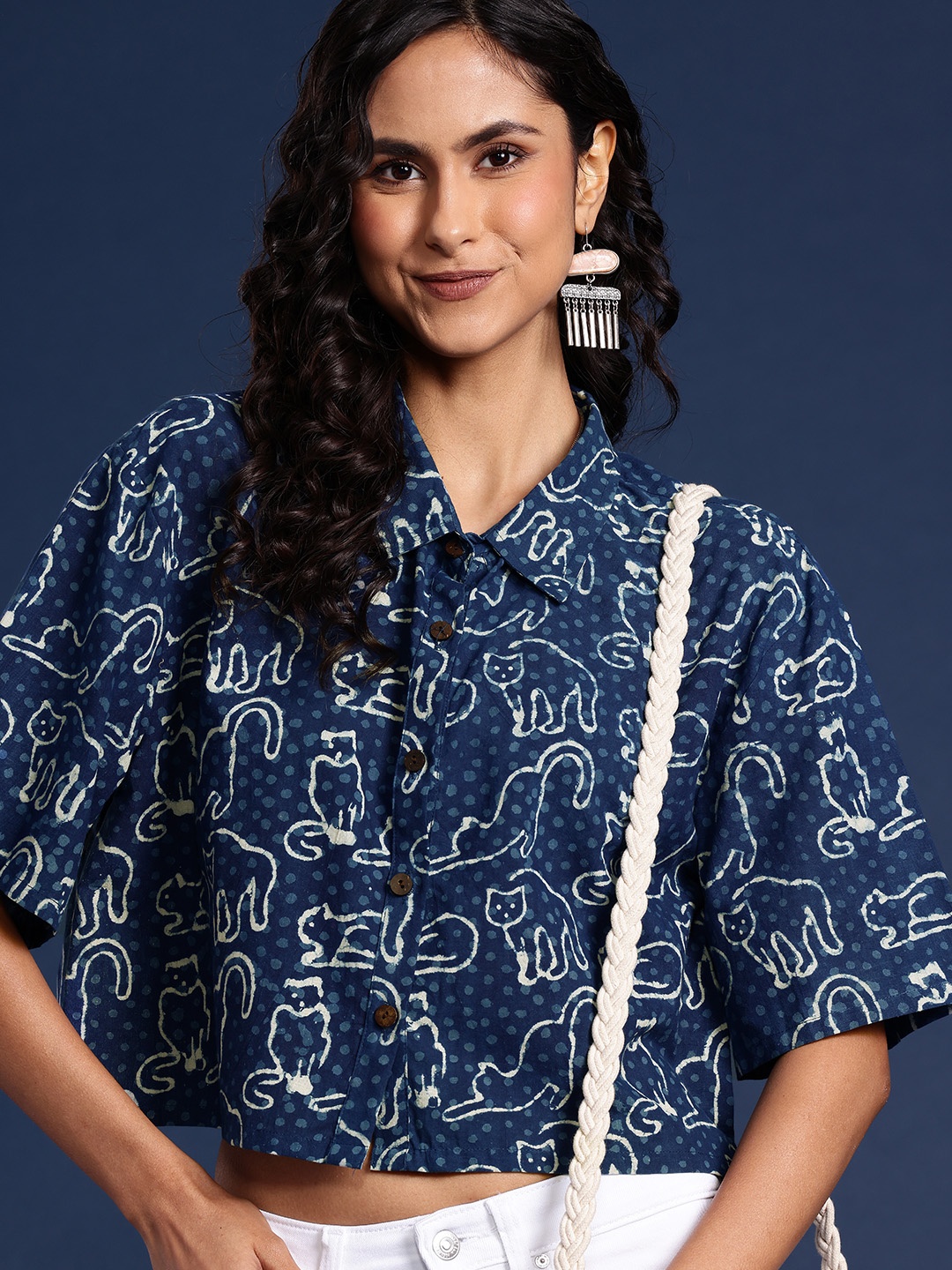 

Taavi Women Bagru Printed Casual Shirt Style Top, Navy blue
