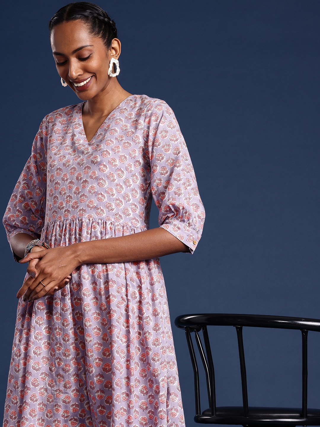 

Taavi Bagru Printed Pure Cotton Fit & Flare Dress, Purple
