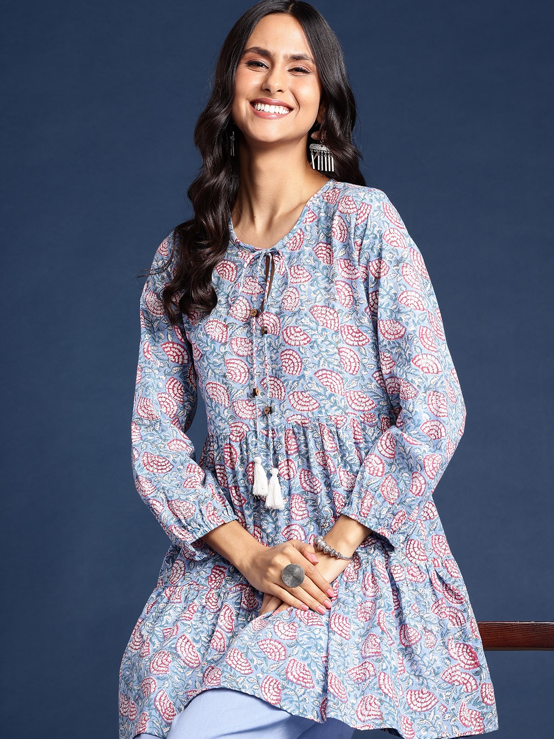 Taavi Sanganeri Pleated Pure Cotton Kurti with Palazzos, Blue