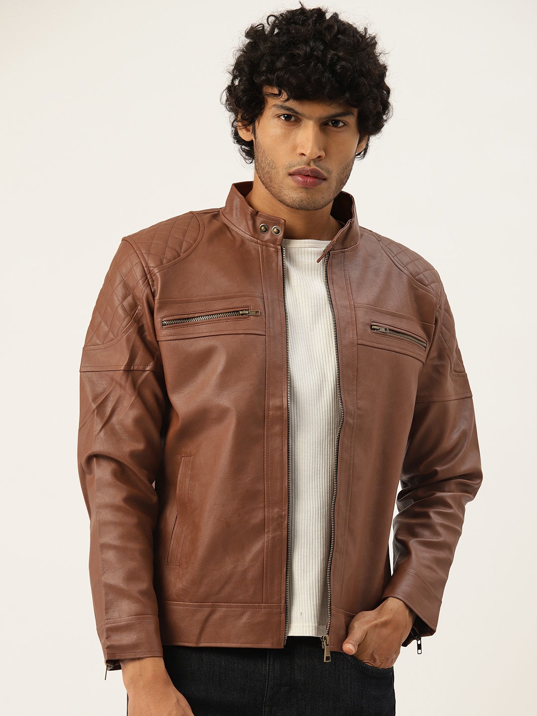 

Leather Retail Men Solid Lightweight Biker Jacket, Brown