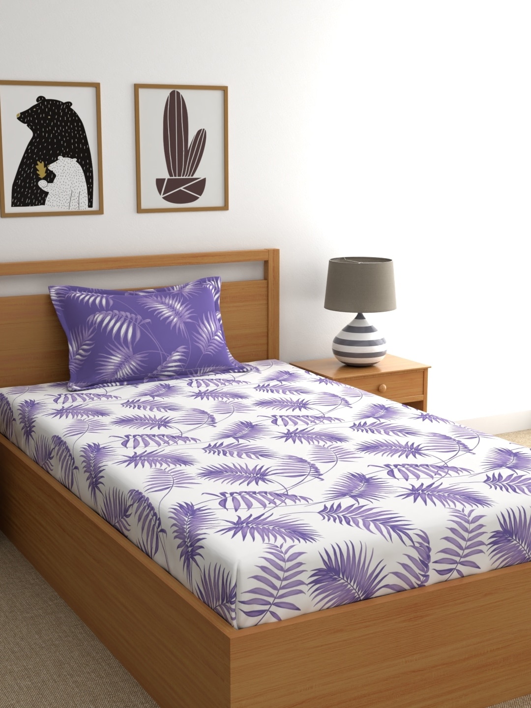 

Home Ecstasy Purple Printed Cotton 140 TC Fitted Single Bedsheet with 1 Pillow Cover