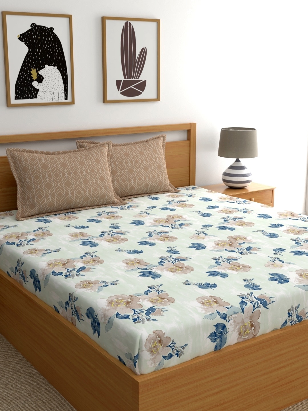 

Home Ecstasy Brown & Blue Printed Cotton 140 TC Fitted King Bedsheet with 2 Pillow Covers