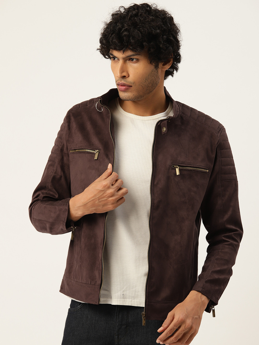 

Leather Retail Men Solid Suede Lightweight Biker Jacket, Coffee brown