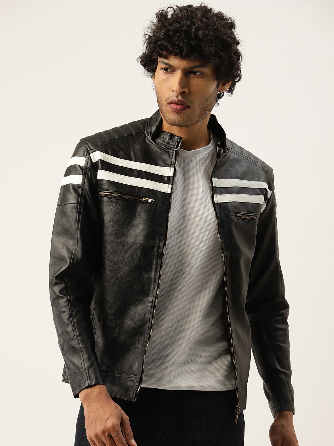 

Leather Retail Men Striped Lightweight Biker Jacket, Black