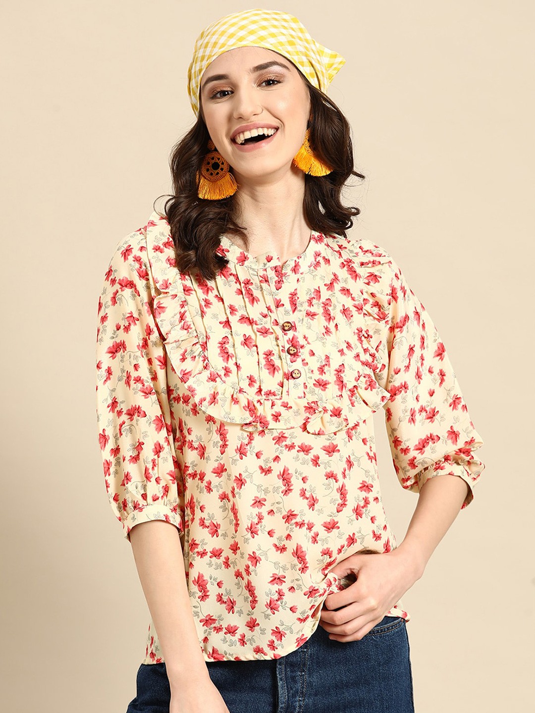 

ODETTE Floral Print Mandarin Collar Puff Sleeve Top, Yellow