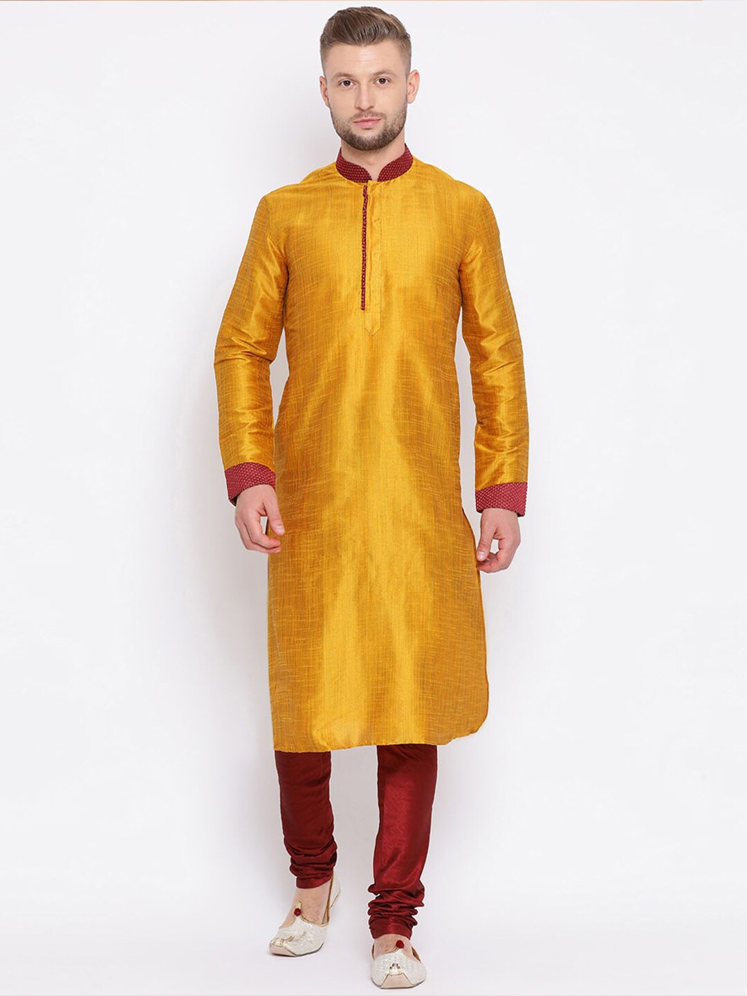 Sanwara Mandarin Collar Straight Kurta with Pyjamas, Yellow