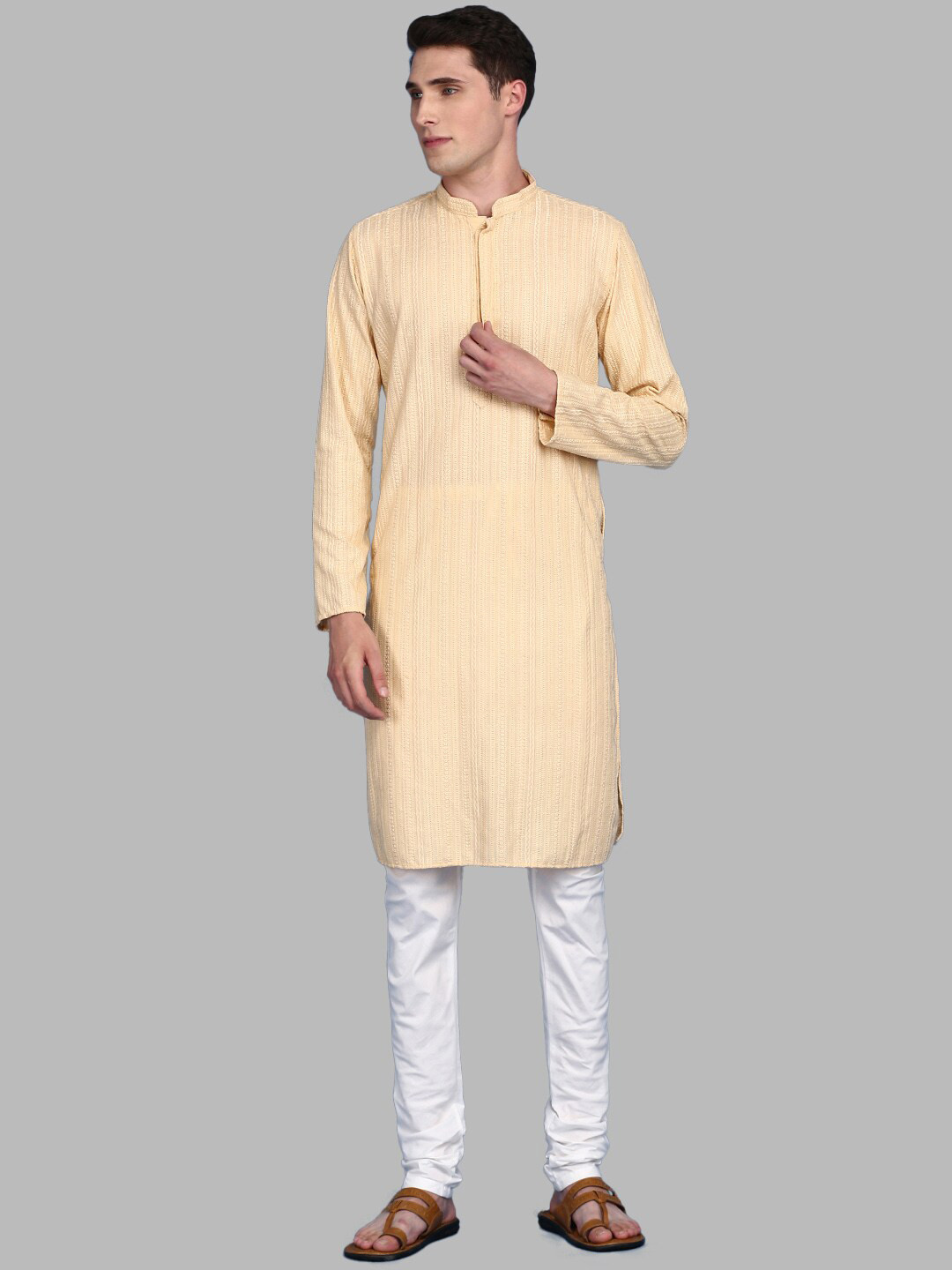 

Sanwara Ethnic Motifs Embroidered Thread Work Straight Kurta With Pyjamas, Beige