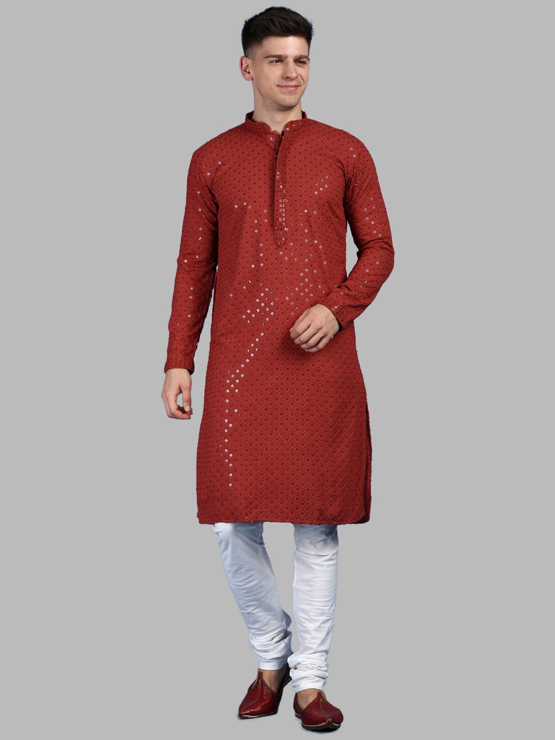 

Sanwara Geometric Embroidered Mandarin Collar Sequinned Straight Kurta with Pyjamas, Rust