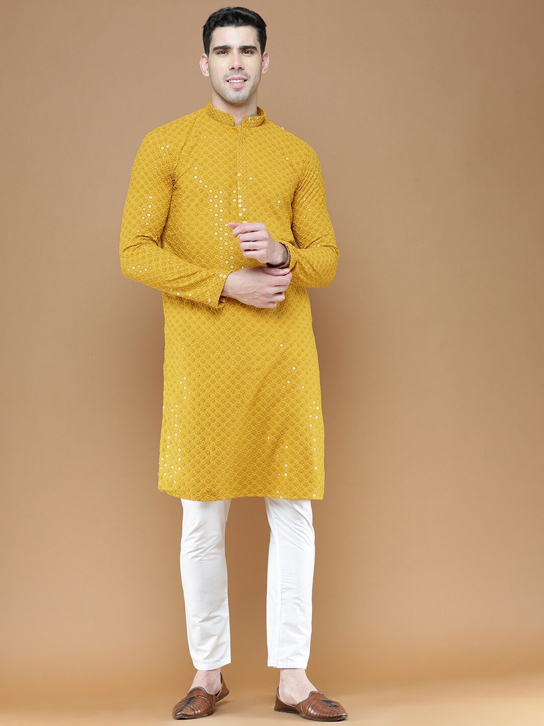 

Sanwara Floral Embroidered Sequinned Straight Kurta With Pyjamas, Mustard