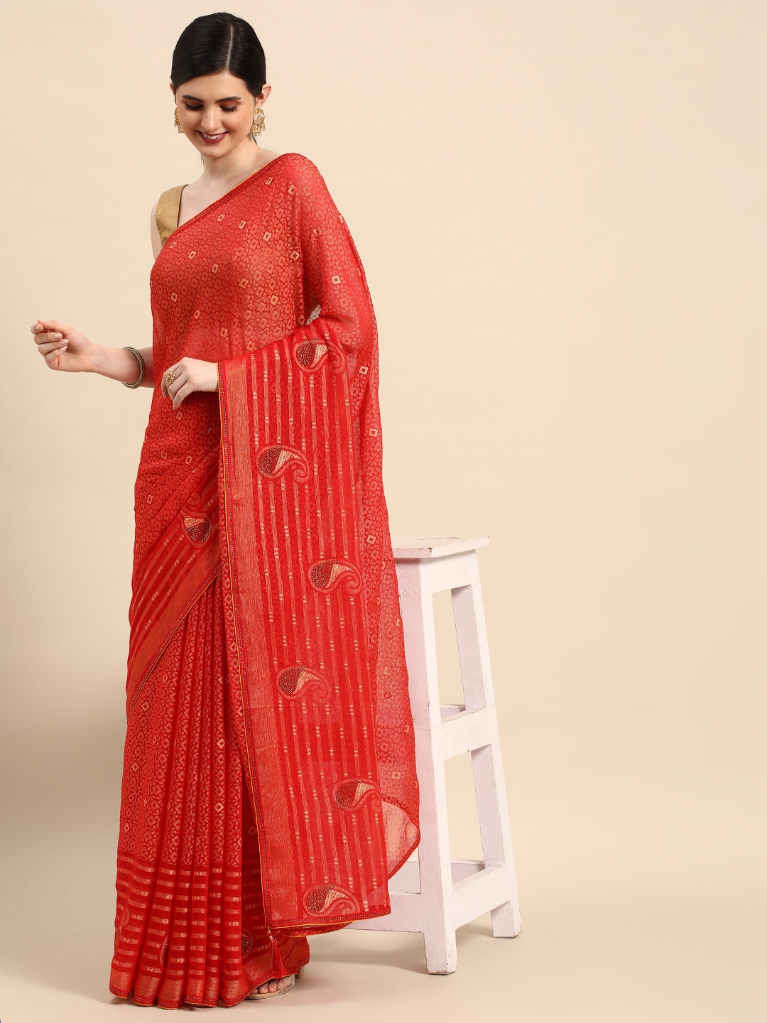 

Mitera Ethnic Motifs Printed Beads and Stones Saree, Red