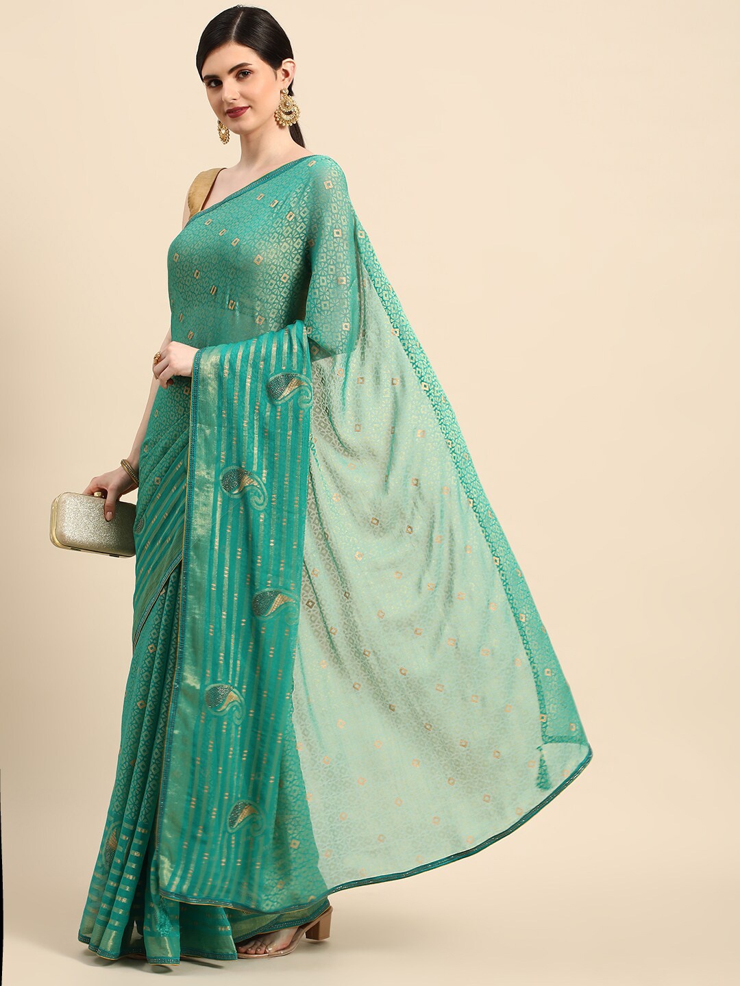 

Mitera Geometric Pinted Brasso Saree, Turquoise blue