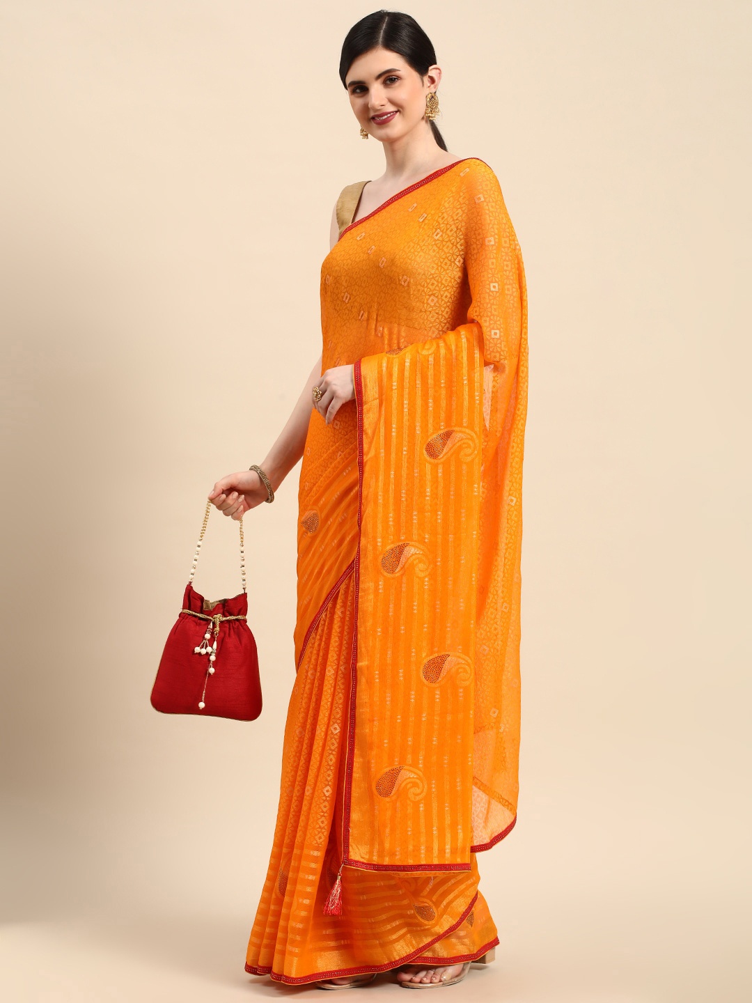 

Mitera Yellow & Red Geometric Printed Saree