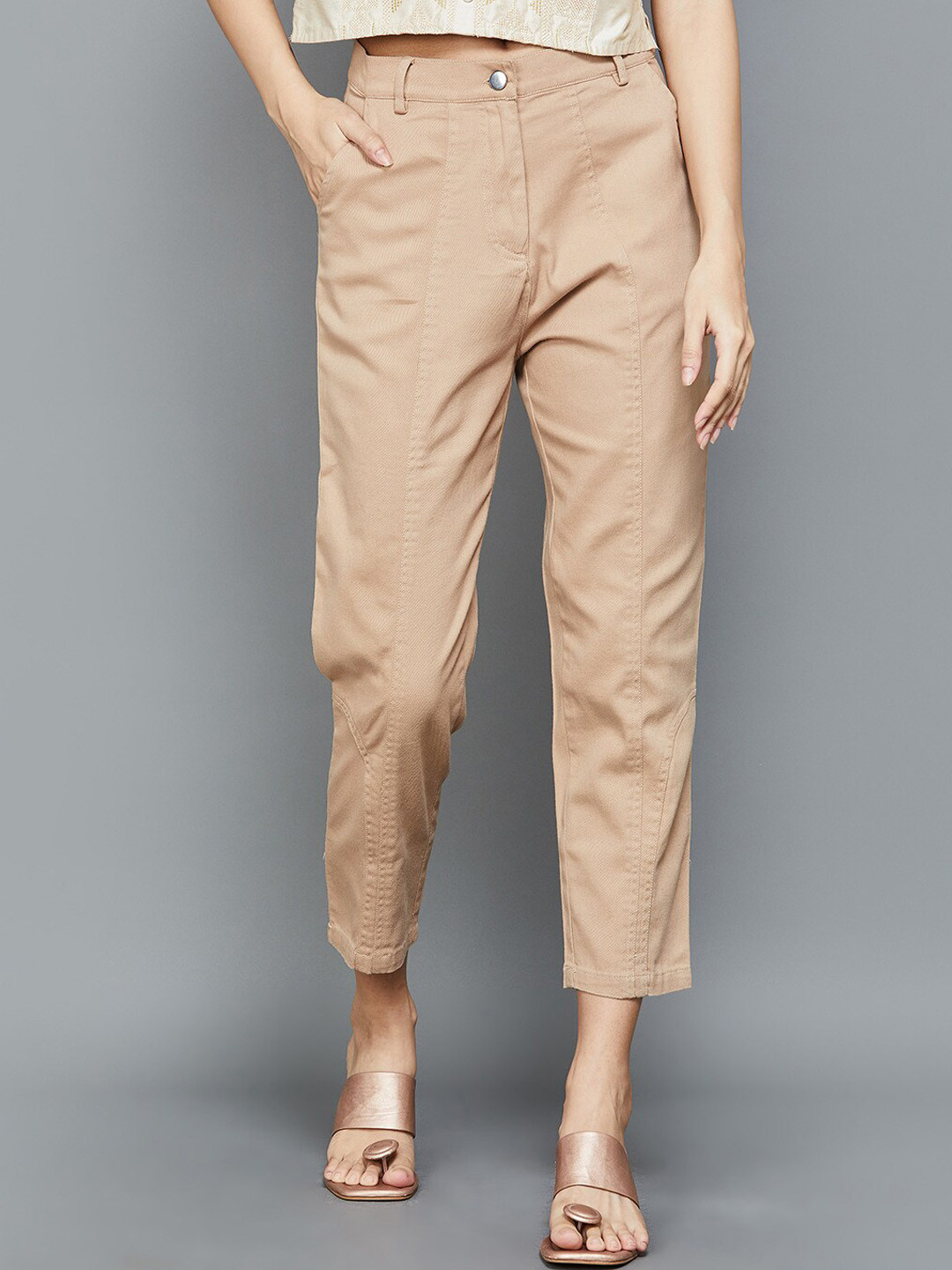 

Colour Me by Melange Women Mid Rise Plain Cotton Trousers, Beige