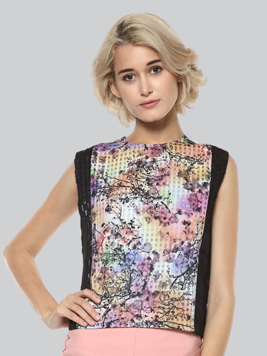 

Moda Elementi Floral Printed High Neck Satin A-Lline Top, Black