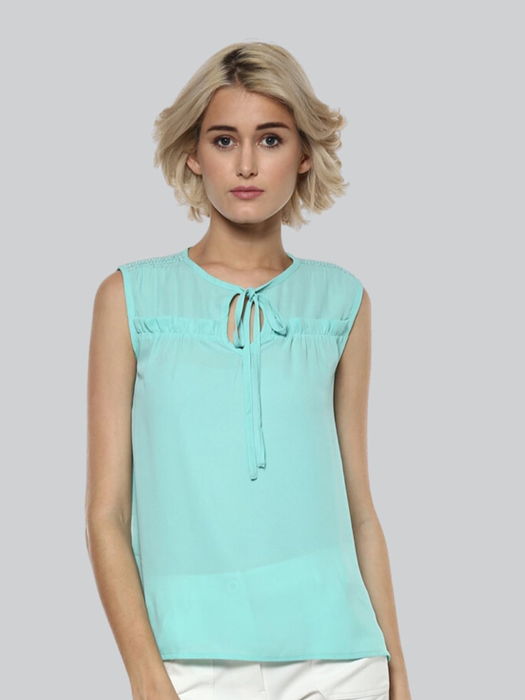 

Moda Elementi Tie-Up Neck Semi Sheer Cotton A-Line Top, Sea green