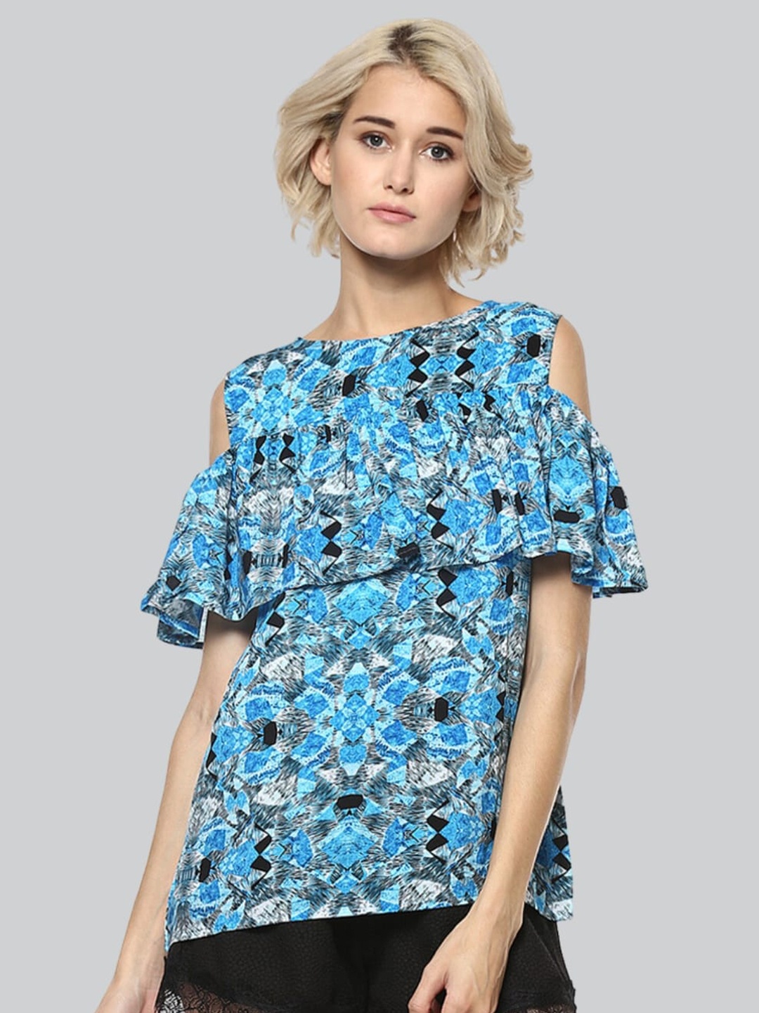 

Moda Elementi Geometric Printed Cold-Shoulder Satin Top, Blue