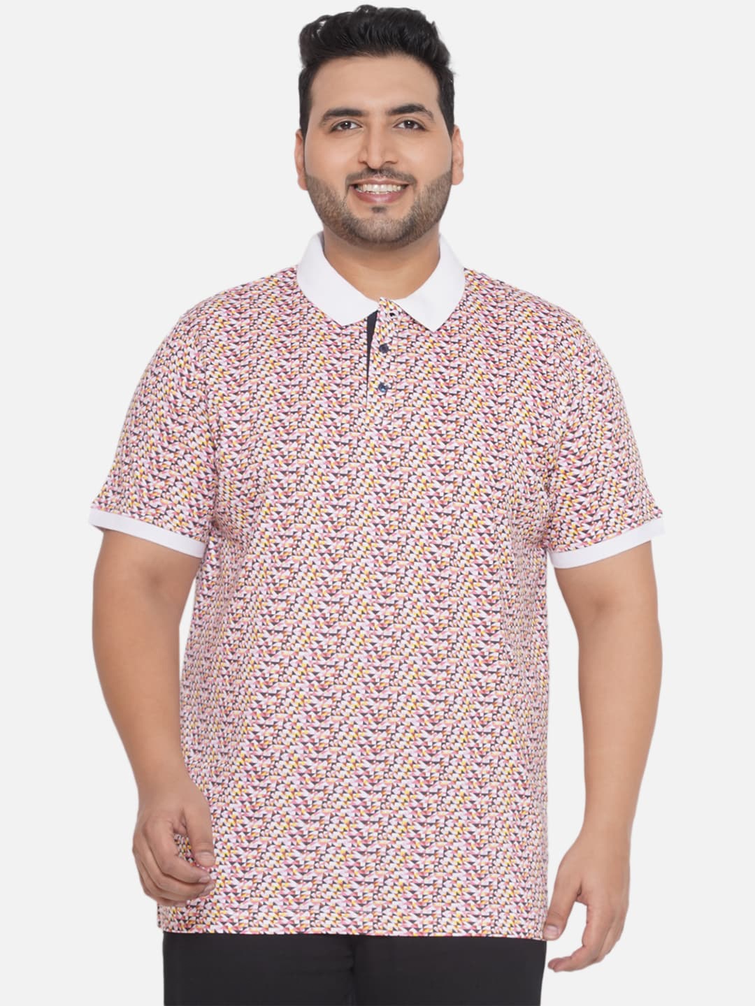 

Santonio Plus Size Geometric Printed Polo Collar Pure Cotton T-Shirt, White