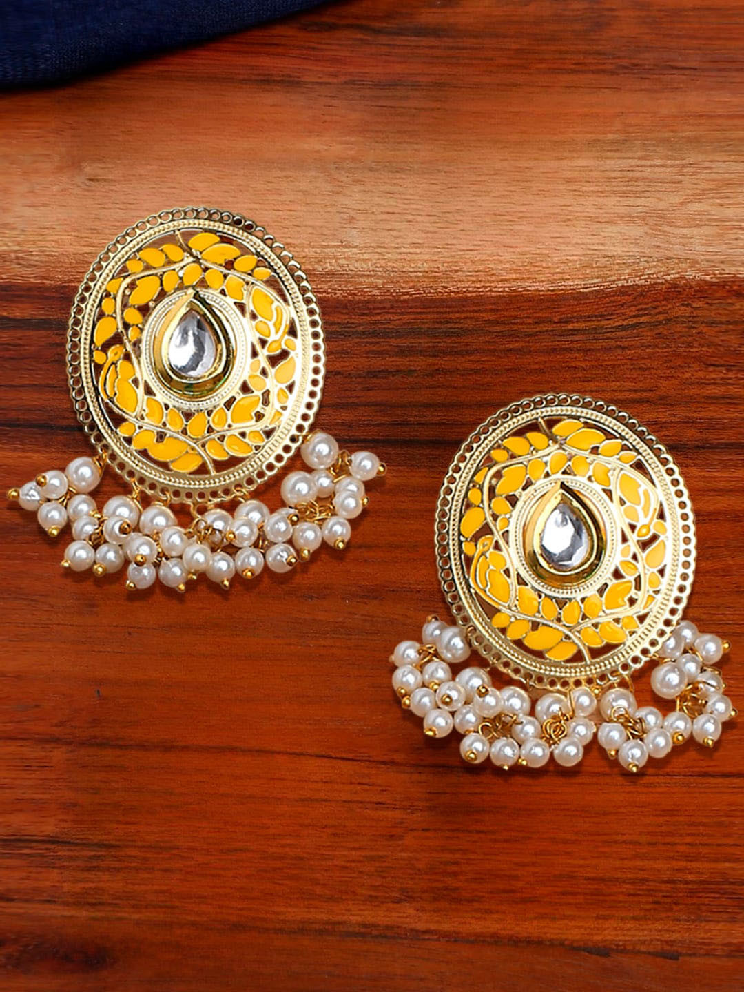 

OOMPH Oval Kundan Studded Drop Earrings, Yellow