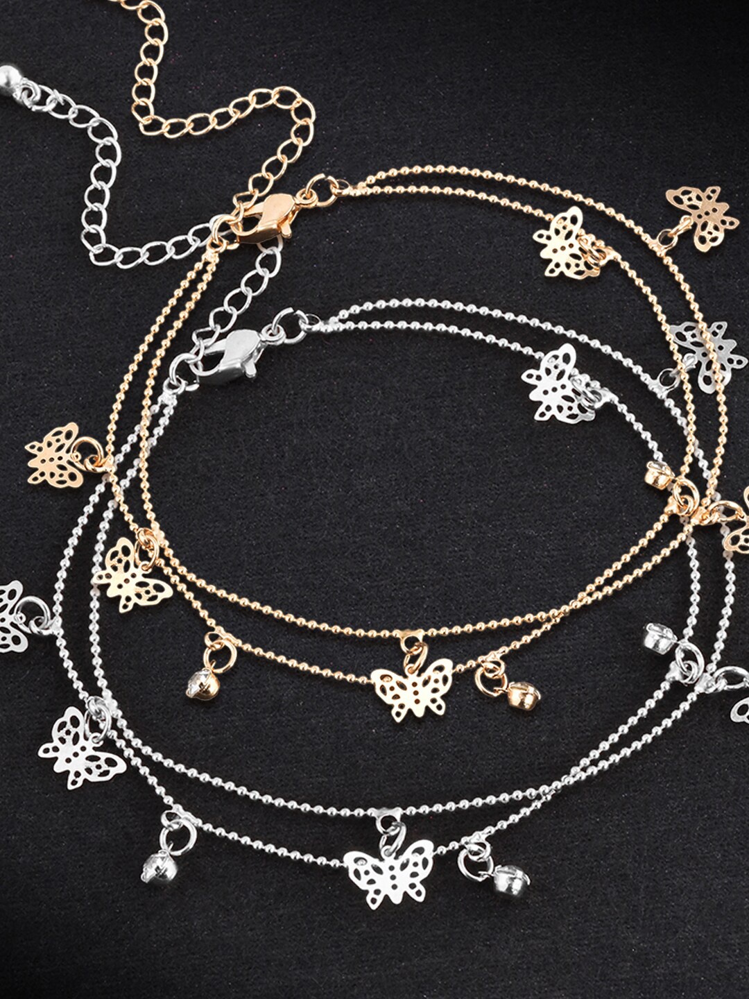

OOMPH Set Of 2 Crystal-Studded Butterfly Charm Anklets, Gold