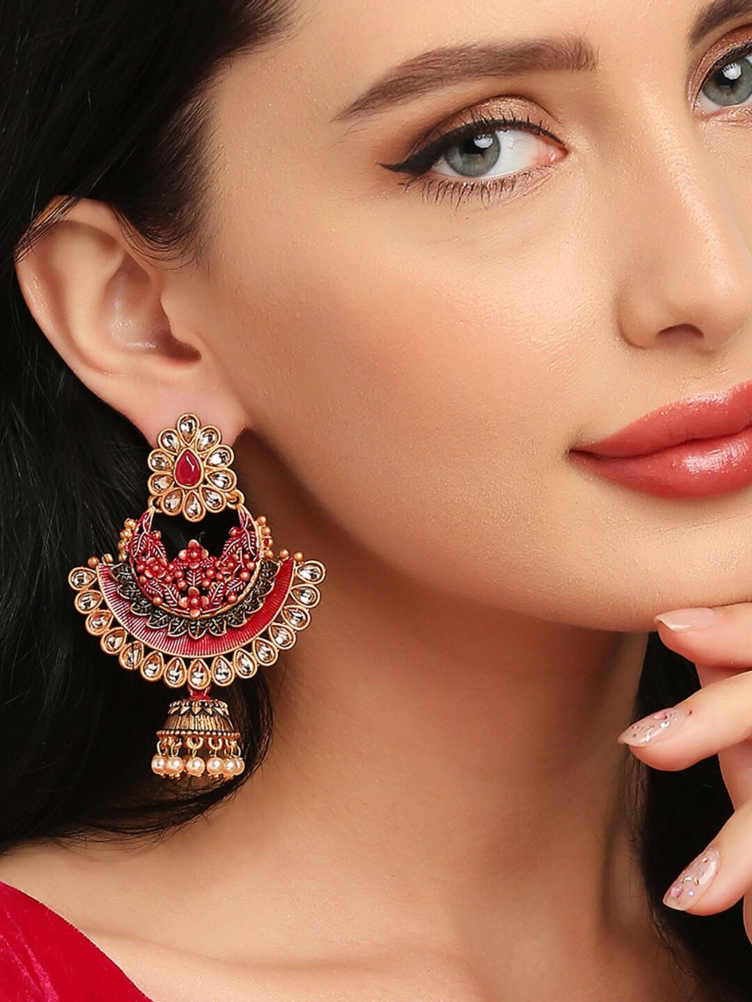 

OOMPH Floral Chandbalis Earrings, Pink