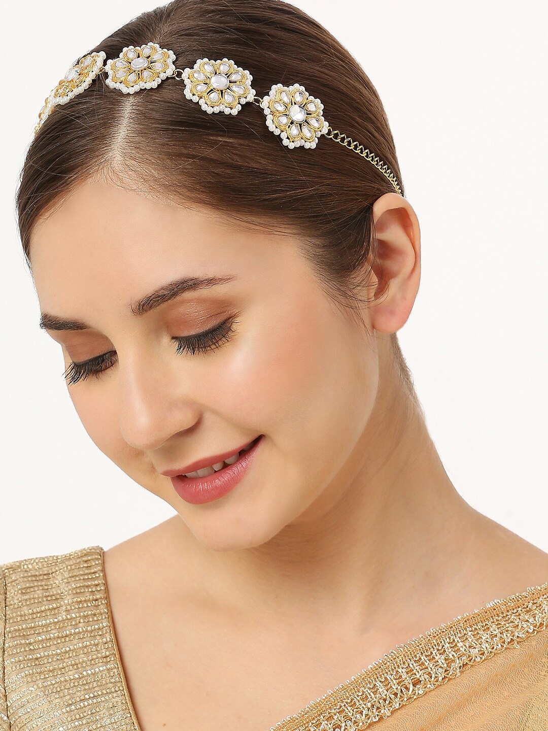 OOMPH Kundan-Studded & Beaded Jadau Hair Chain, Gold