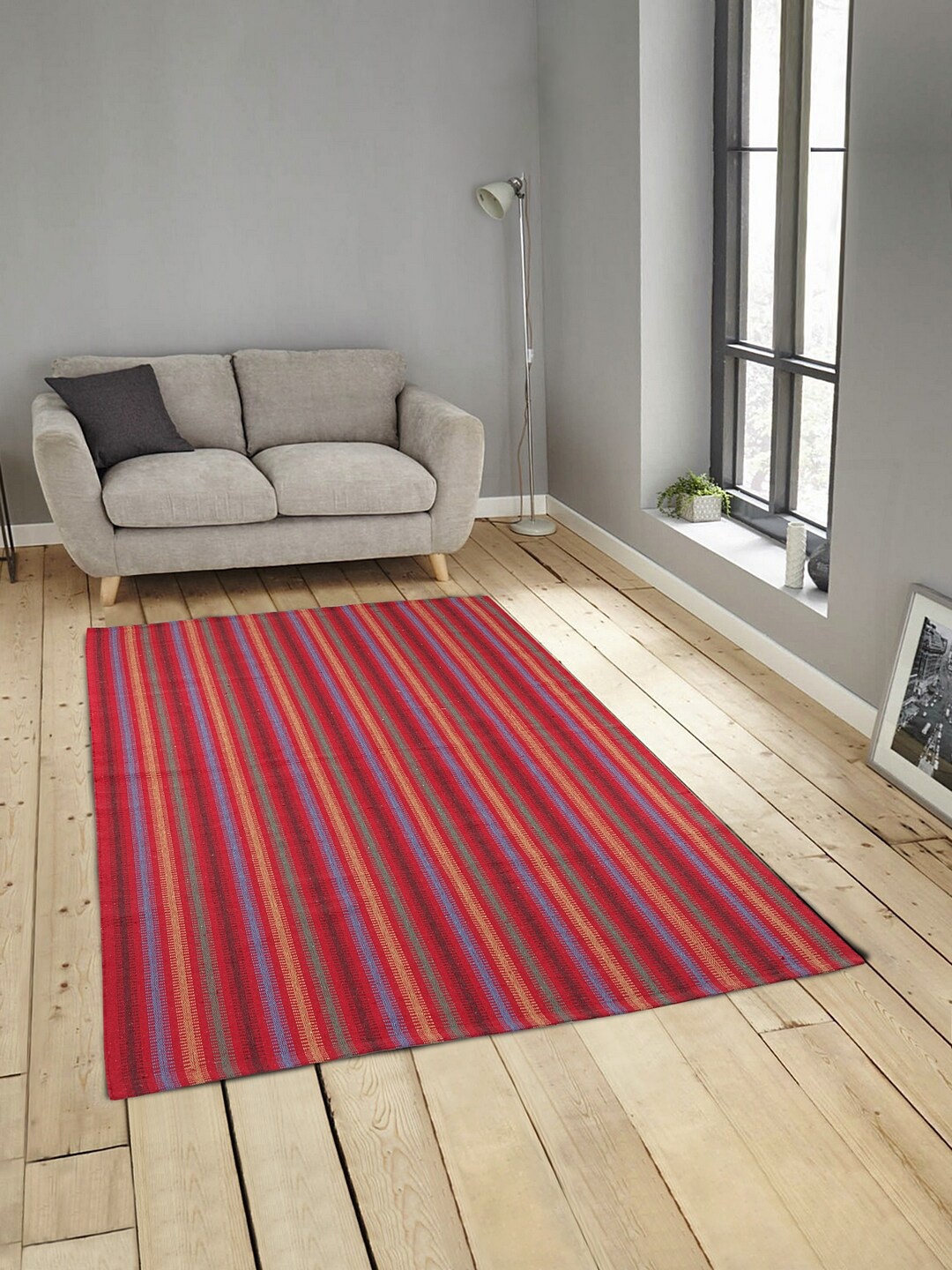 KLOTTHE Red & Orange Striped Anti-Skid Cotton Dhurrie