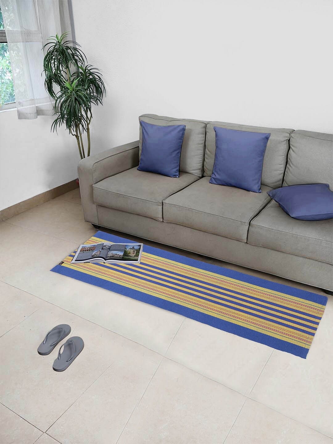 KLOTTHE Blue & Yellow Striped Cotton Anti-Skid Floor Runner