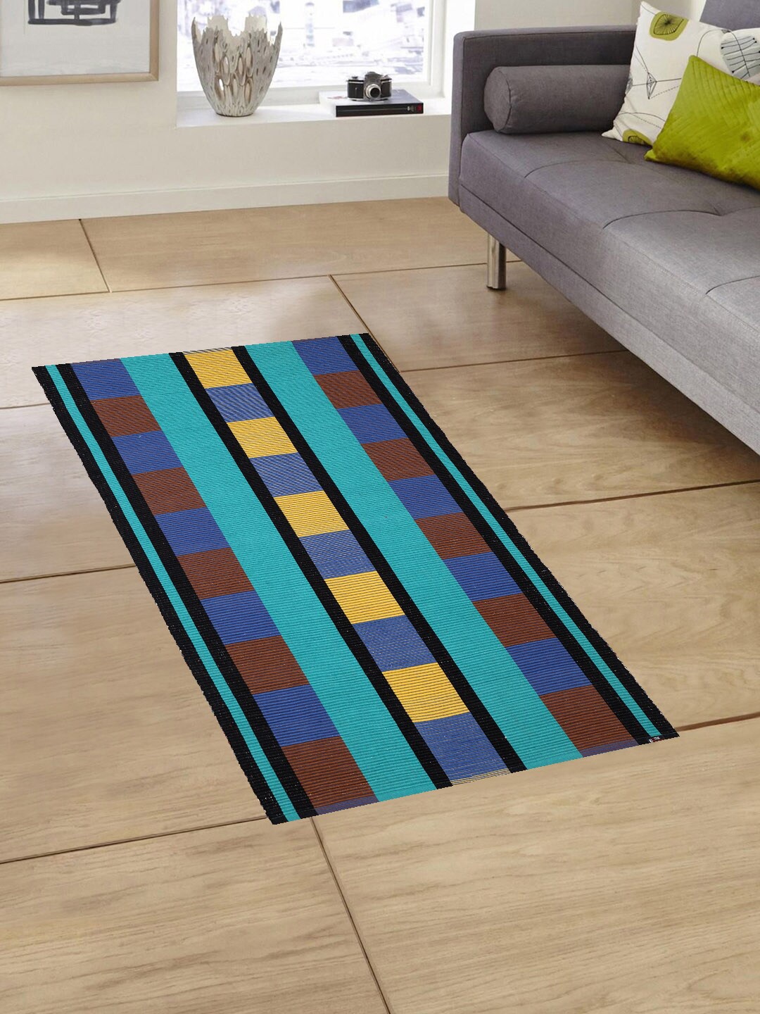 

KLOTTHE Blue & Brown Geometric Printed Anti-Skid Cotton Dhurrie