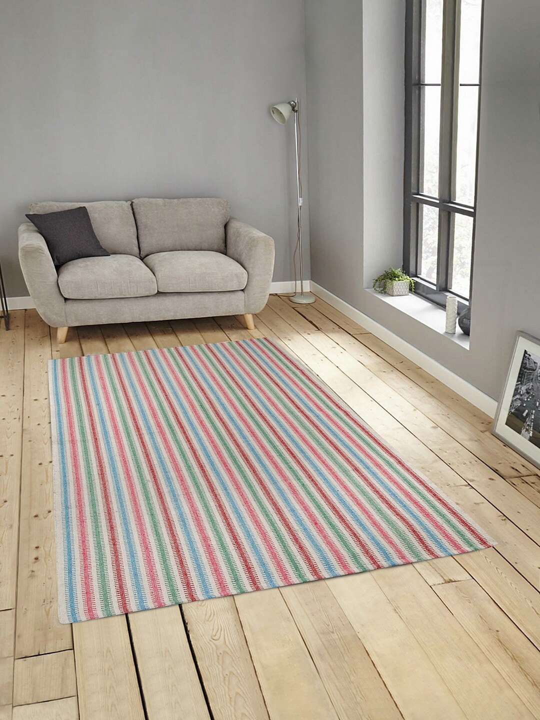 

KLOTTHE White & Pink Striped Cotton Anti-Skid Dhurrie