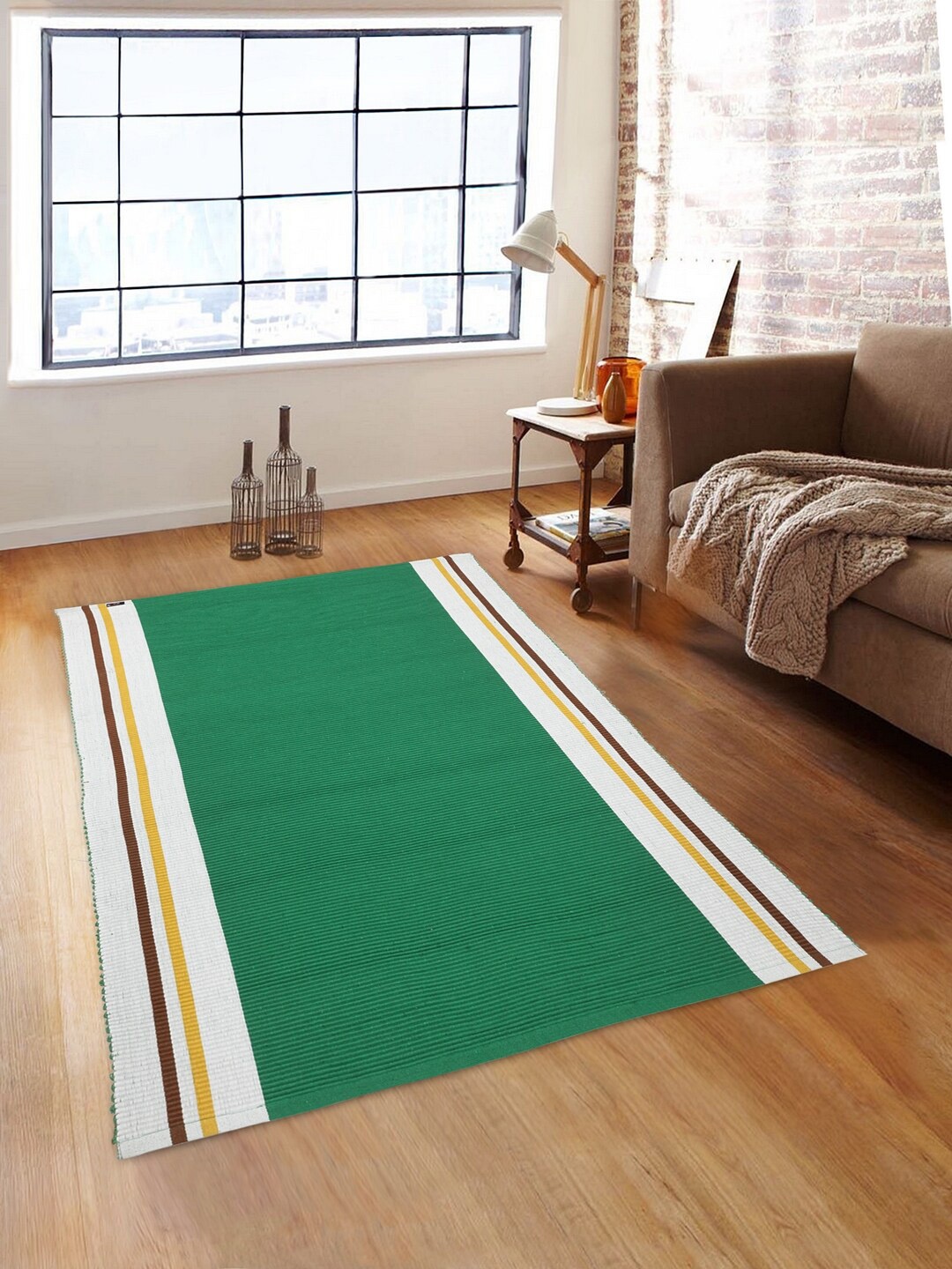 

KLOTTHE Green & White Striped Cotton Anti-Skid Dhurrie