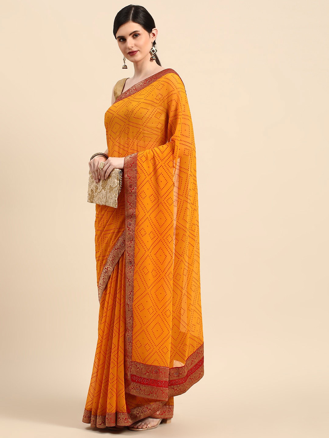 

Mitera Bandhani Printed Zari Saree, Yellow