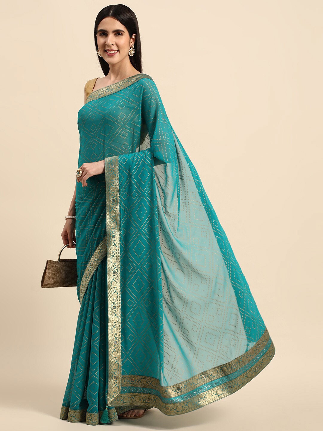 

Mitera Turquoise Blue & Gold-Toned Bandhani Printed Zari Pure Georgette Saree
