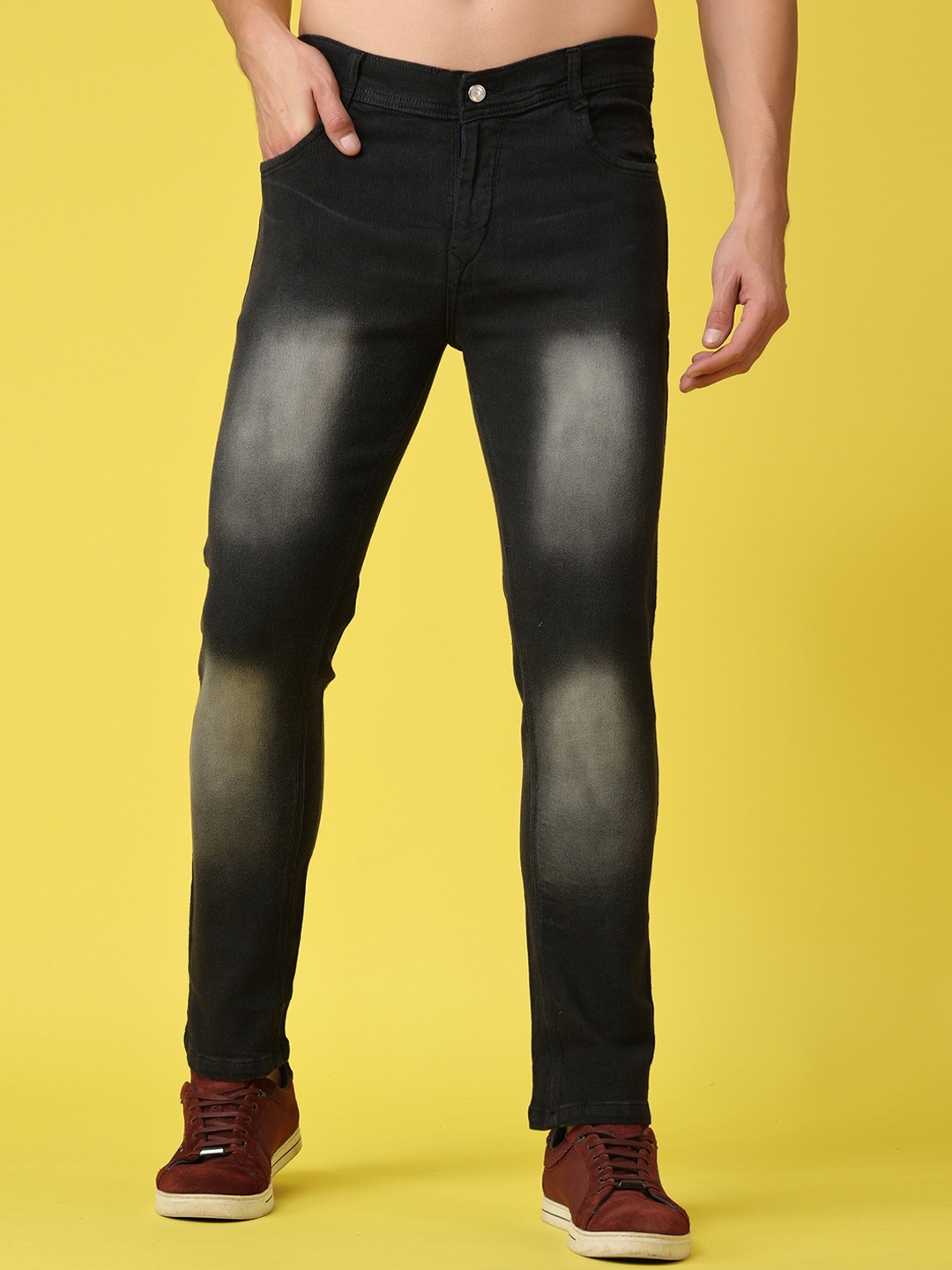 

Xee Men Jean Regular Fit Mid-Rise Heavy Fade Clean Look Stretchable Jeans, Black