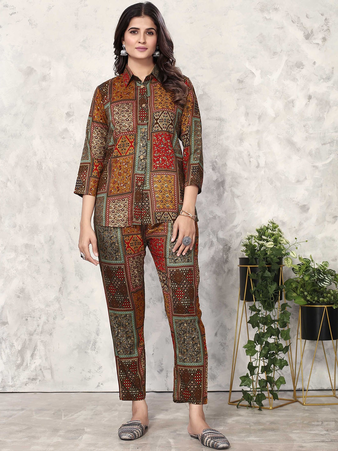 

KALINI Ethnic Printed Shirt Collar Three-Quarter Sleeves Co-ord Set, Brown