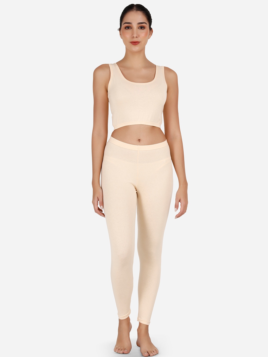 

SELFCARE Round Neck Sleeveless Crop Top With Trousers, Beige