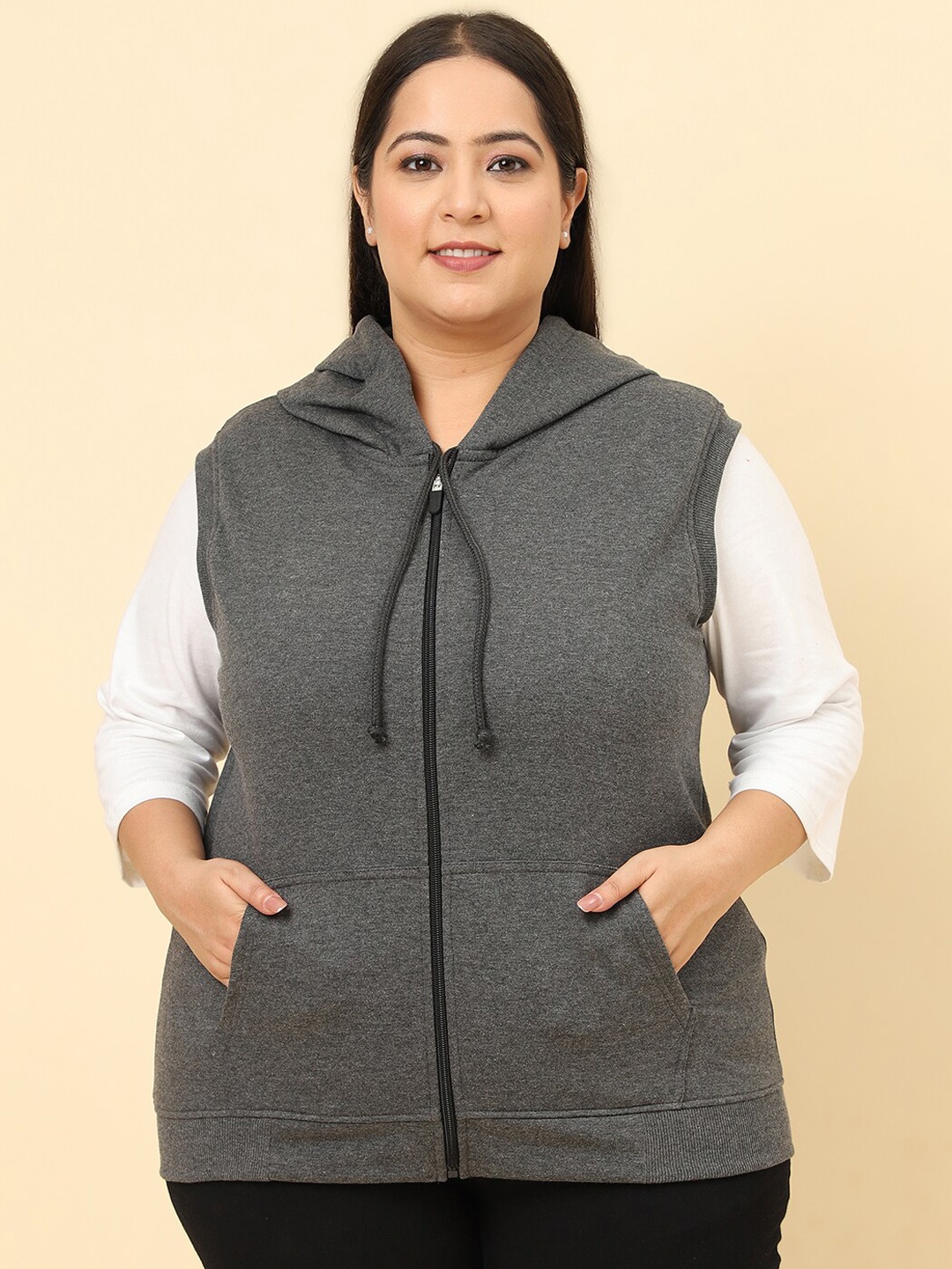 UnaOne Hooded Sleeveless Pure Cotton Bomber Jacket, Grey melange