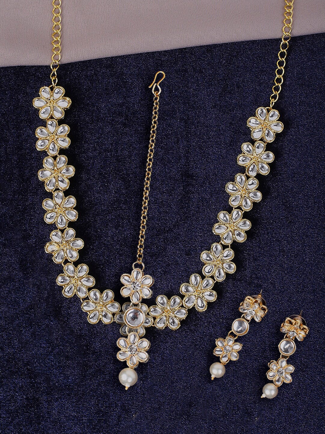 

OOMPH Kundan-studded & Pearl Beaded Sheeshphool Set & Earrings Jewellery Set, Gold