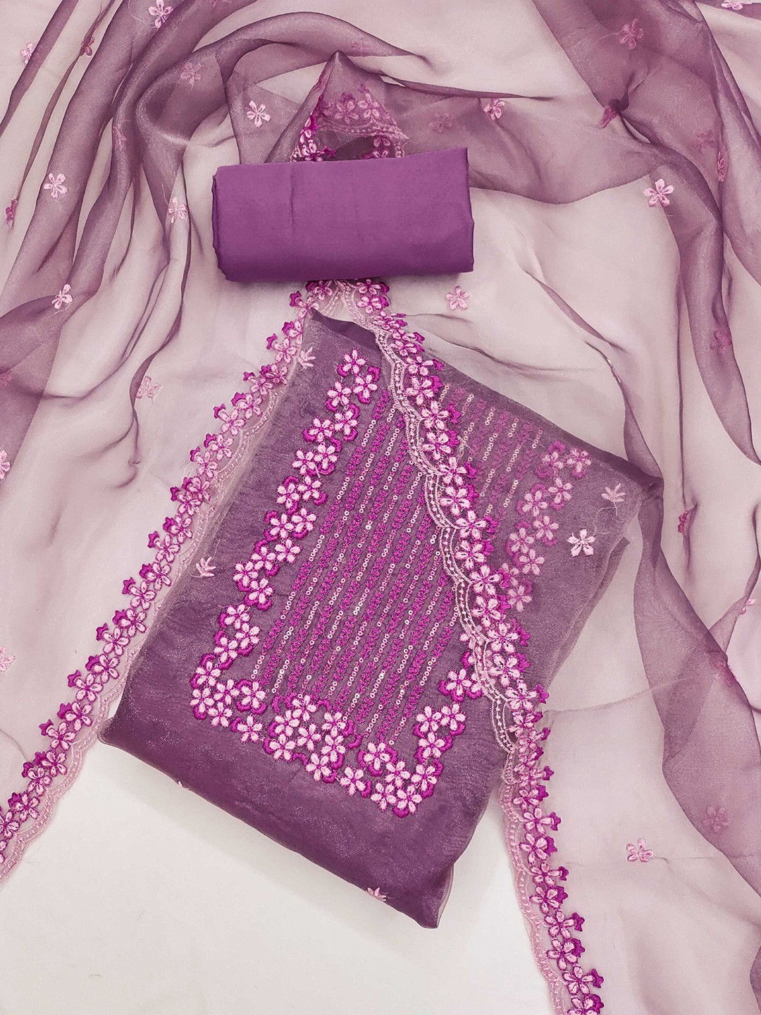 

KALINI Floral Embroidered Organza Unstitched Dress Material, Purple