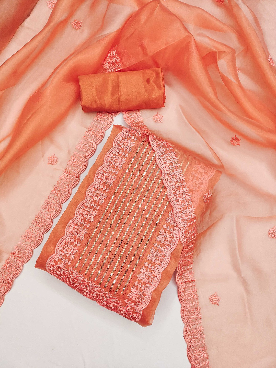 

KALINI Floral Embroidered Organza Unstitched Dress Material, Orange