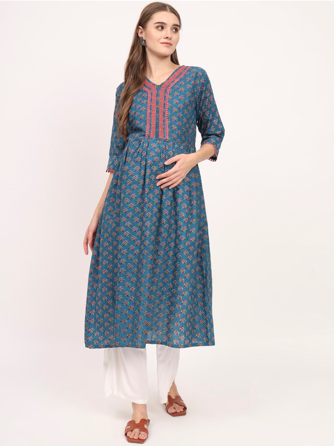 

Aujjessa Maternity Floral Printed Lace Detail Anarkali Kurta, Teal