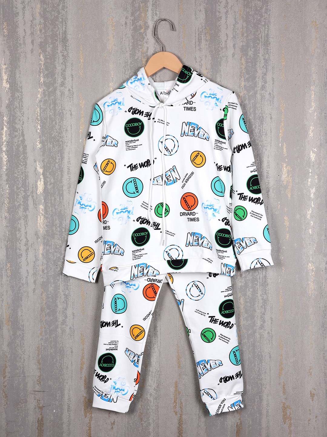 

Albion Boys Typography Printed Pure Cotton Hooded Tracksuits, White